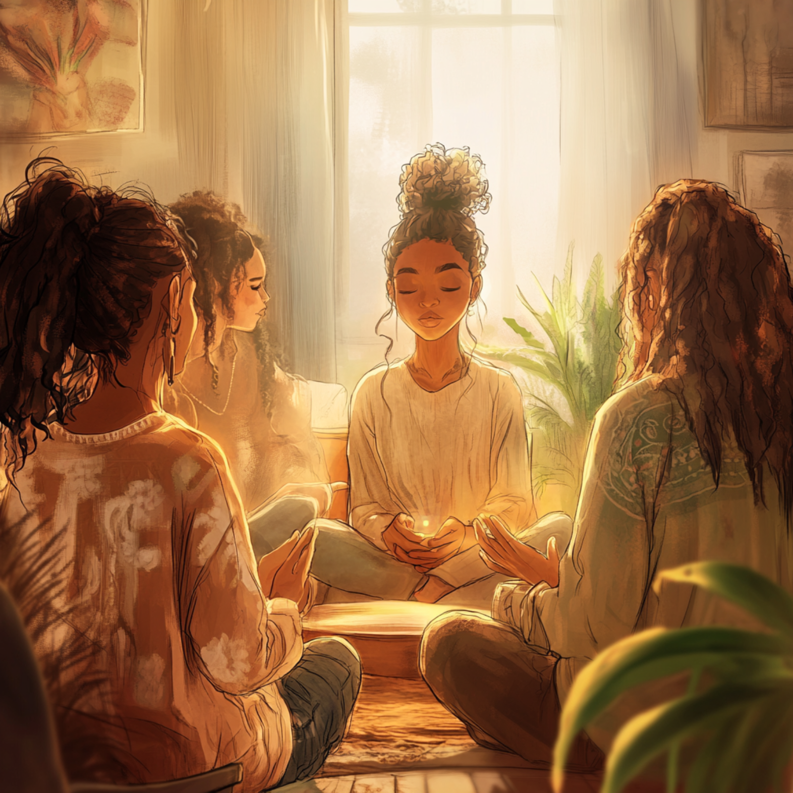 A digital illustration of a group of diverse women sitting together in a cozy living room, sharing their stories and supporting each other. Some are holding hands, others are offering comforting gestures. The warm lighting and earthy tones create an atmosphere of healing, community, and shared strength. A subtle glow around them symbolizes divine presence and the power of walking through grief together.