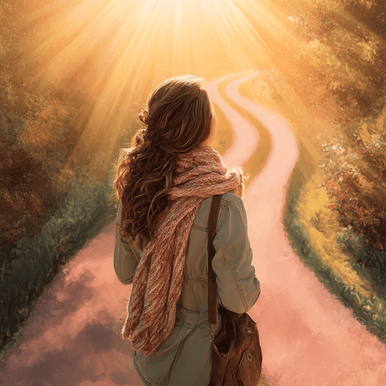 Woman standing on a radiant path with sunlight streaming down, symbolizing hope and trust in God’s guidance for the future.