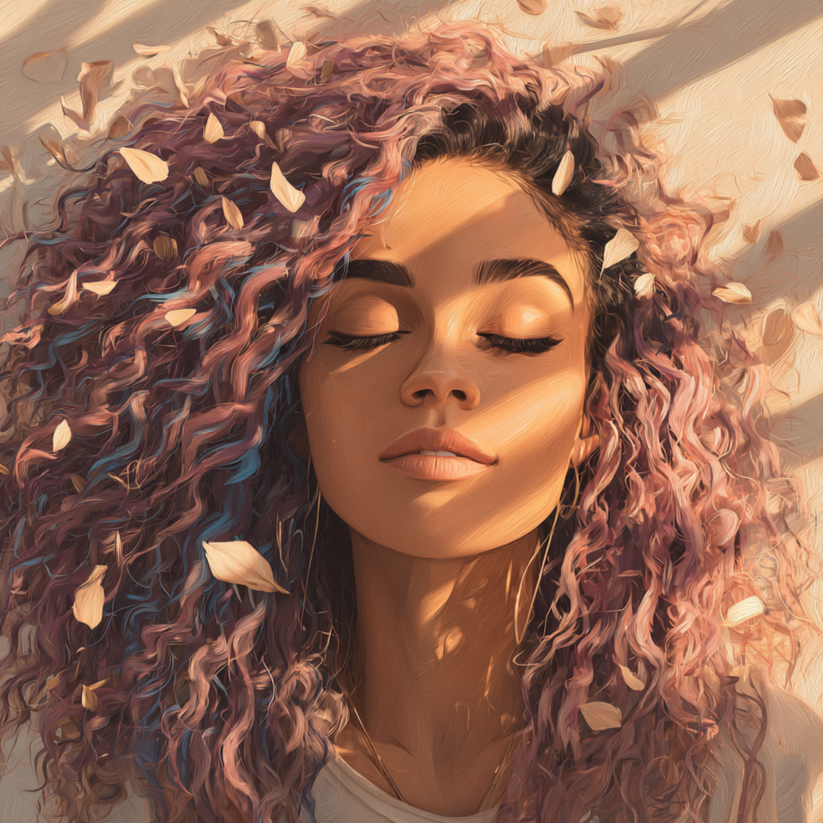 Christian woman finding peace and spiritual renewal after trauma, resting in sunlight with petals around her, symbolizing healing, faith, and inner transformation.