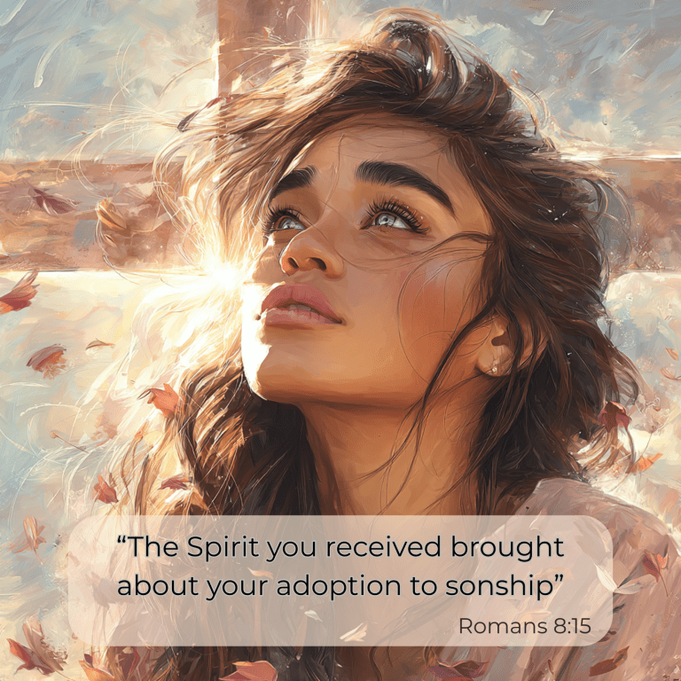 “Digital painting of a hopeful woman looking upward toward sunlight in front of a cross, symbolizing reclaiming identity in Christ and adoption into God’s family.”