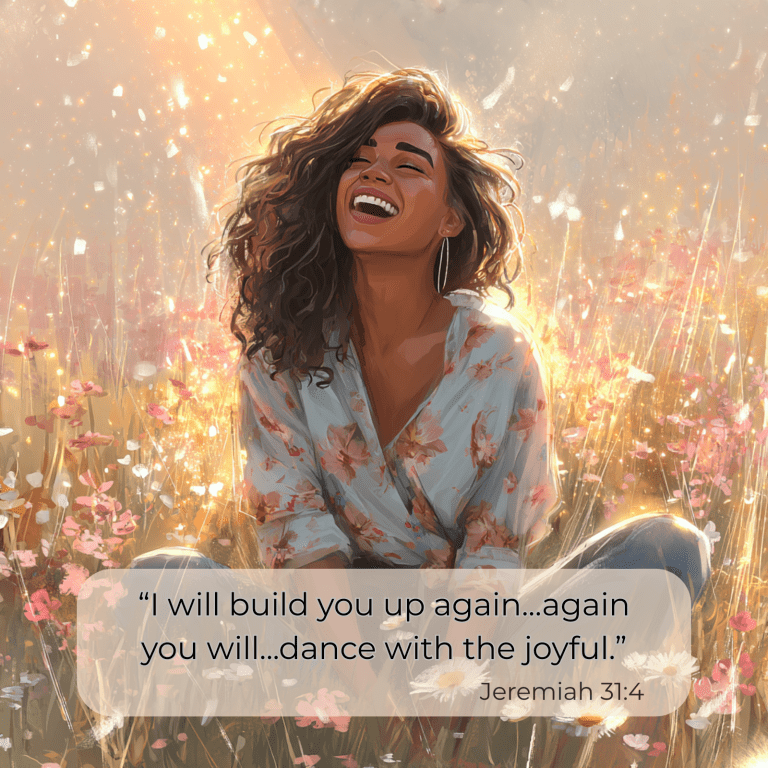 Woman laughing joyfully in a glowing field of flowers, symbolizing hope and rebuilding your life after abuse, inspired by Jeremiah 31:4.”