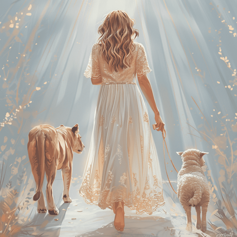 Woman walking forward with a lion and a lamb under soft sunlight, symbolizing rebuilding your life after abuse with strength and gentleness.