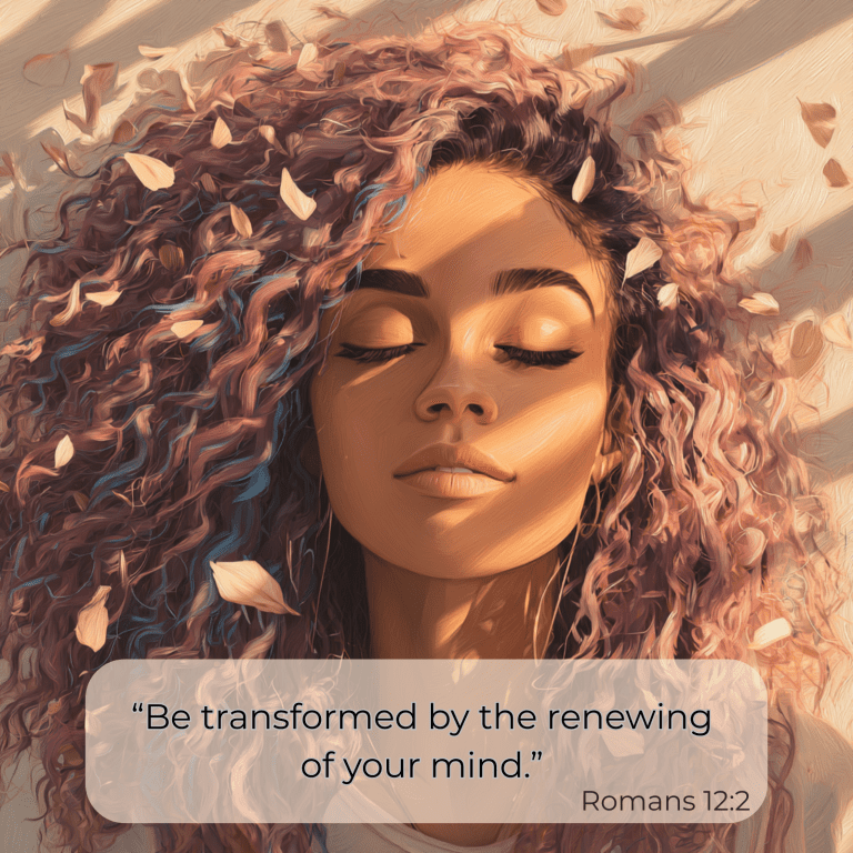 Renew your mind as a Christian woman finding peace and spiritual renewal after trauma, resting in sunlight with petals around her, symbolizing healing, faith, and inner transformation. romans 12:2