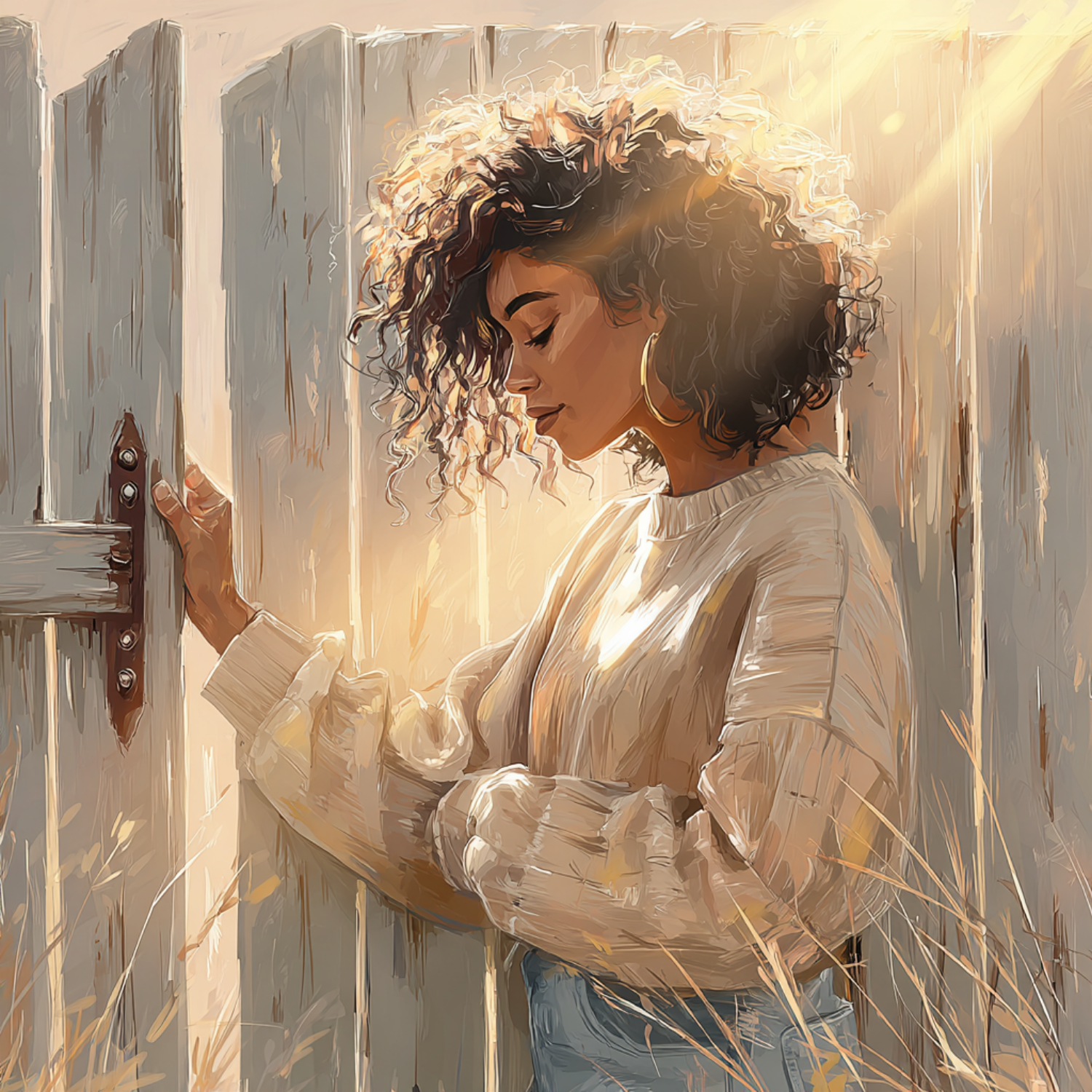 Woman gently holding a wooden fence gate in warm sunlight, symbolizing personal boundaries, safety, and choosing what to allow into her life (recognize safe people)