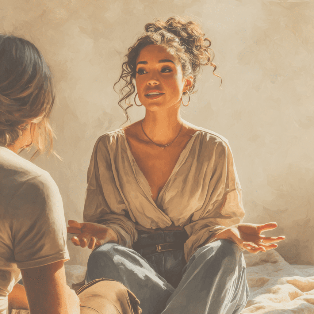 Woman calmly speaking and expressing herself to another person, demonstrating healthy communication and setting boundaries in a respectful way