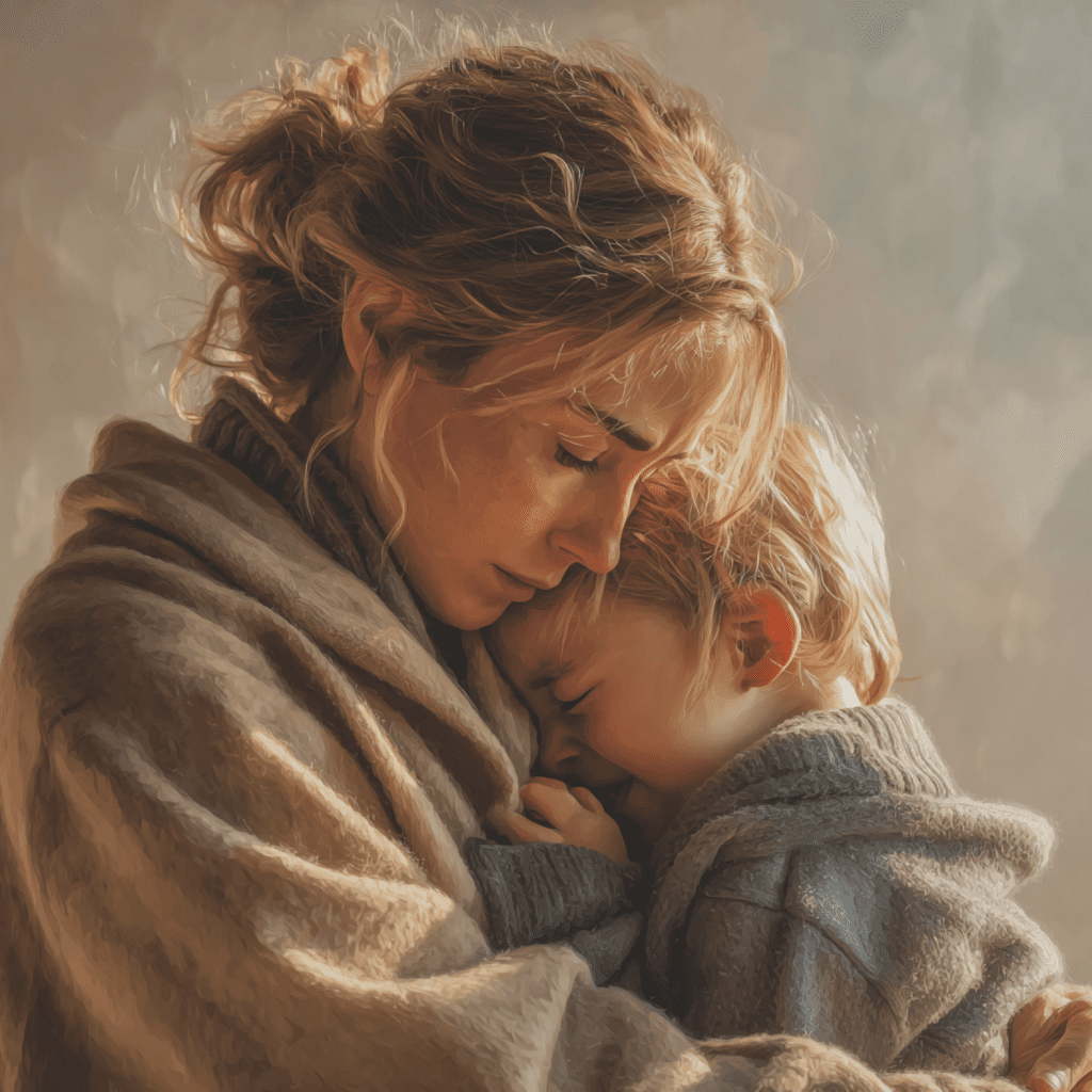 Mother holding and comforting her young child as he cries, creating a safe and nurturing emotional space with warmth and connection