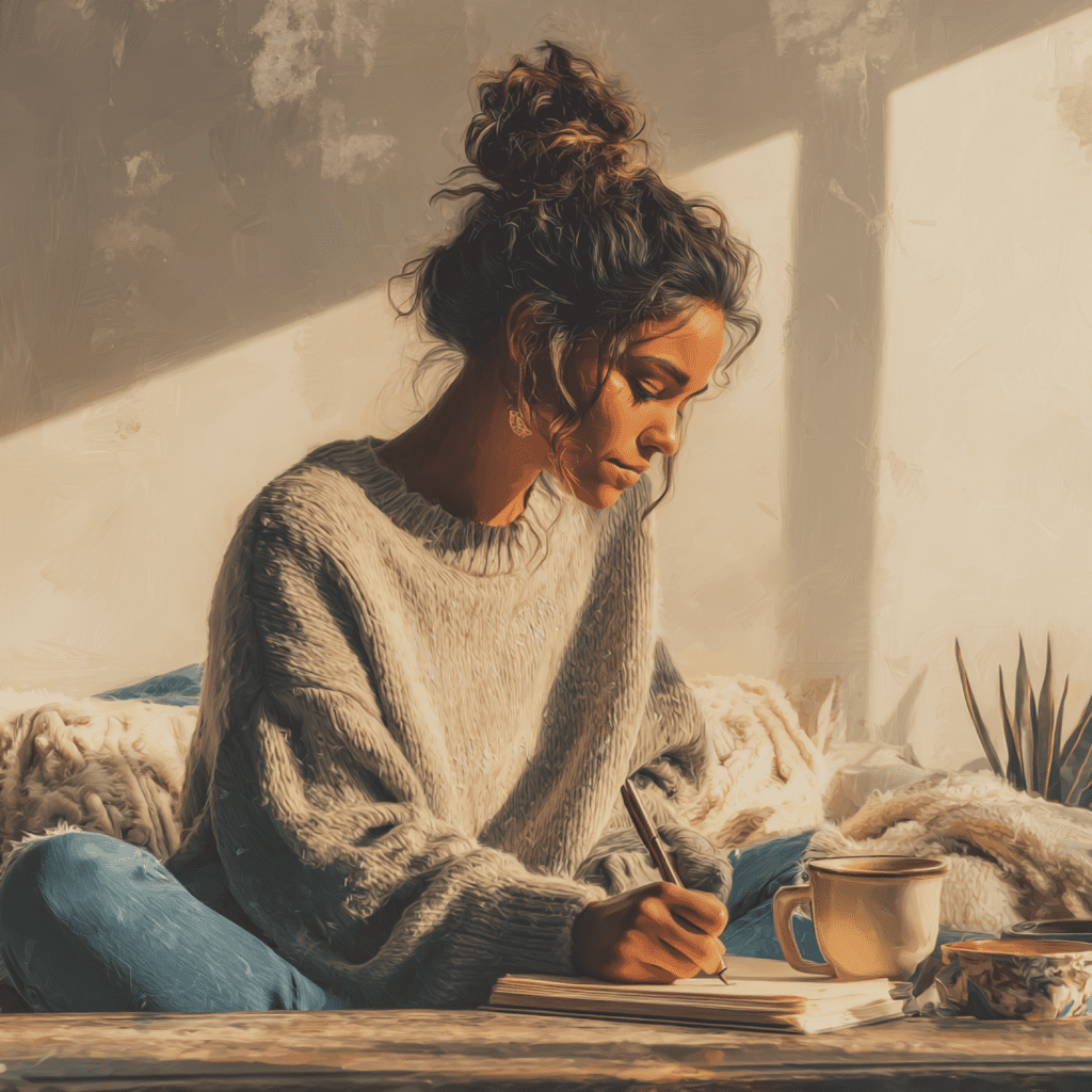Woman sitting in a cozy space journaling and reflecting on her thoughts, soft sunlight and warm tones creating a calm, introspective atmosphere
